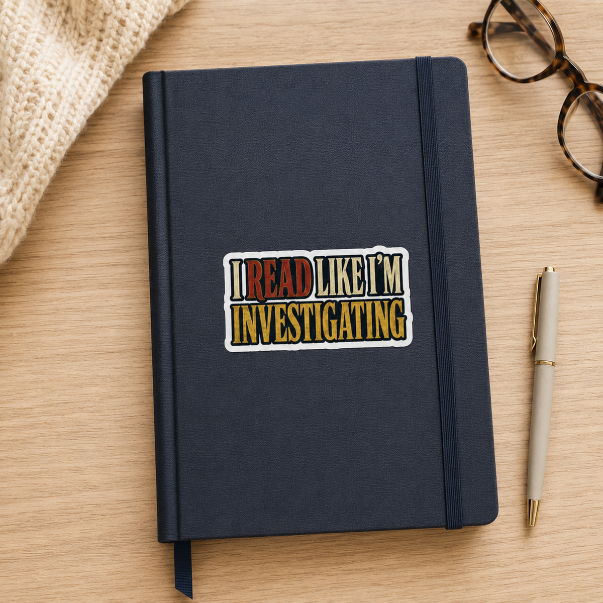 “I Read Like I’m Investigating” sticker with red, cream, and gold block lettering, shown on a navy notebook.