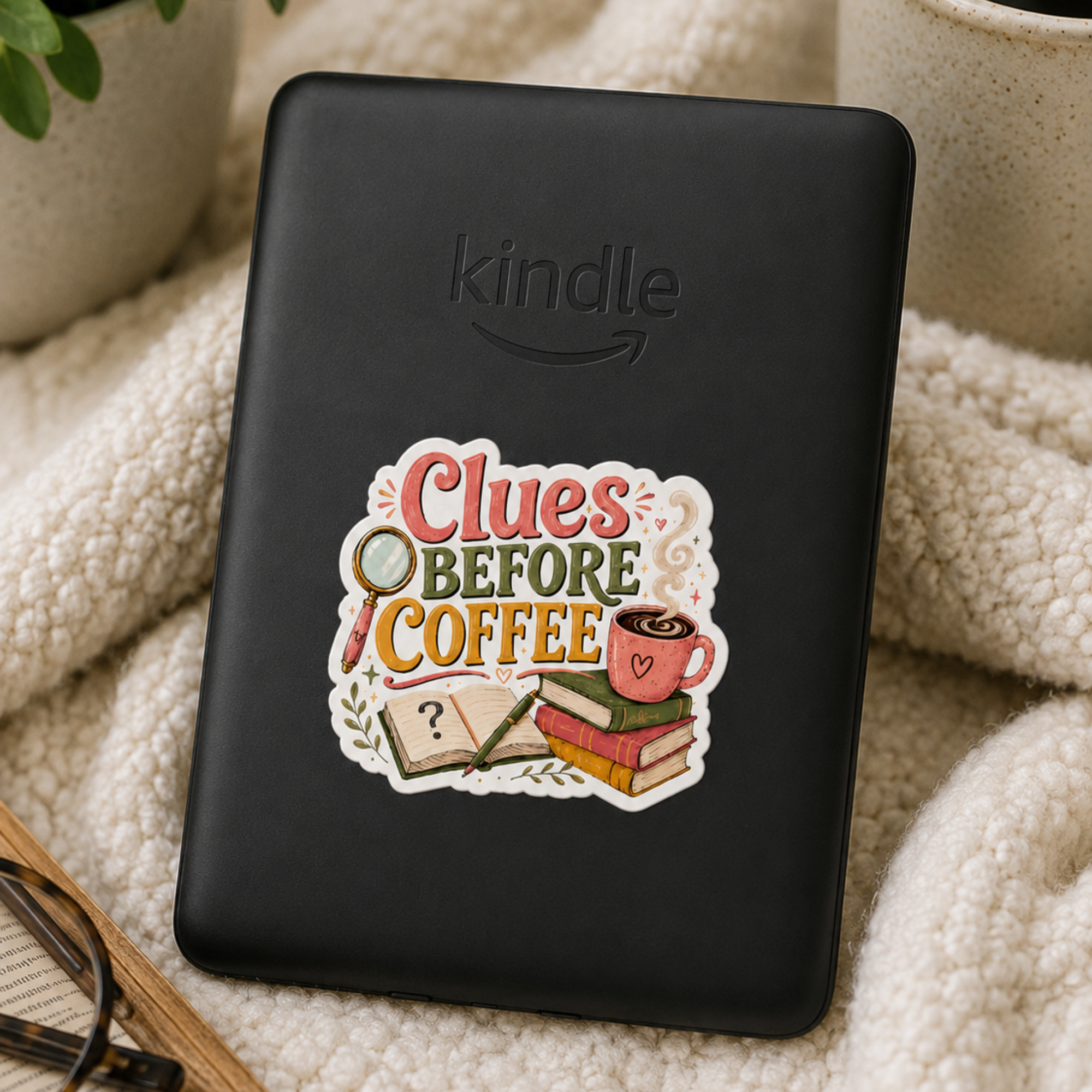 Clues Before Coffee Sticker, Mystery Reader Sticker, Cozy Mystery Book Lover Decal, Detective Fiction Laptop Sticker, Reader Gift