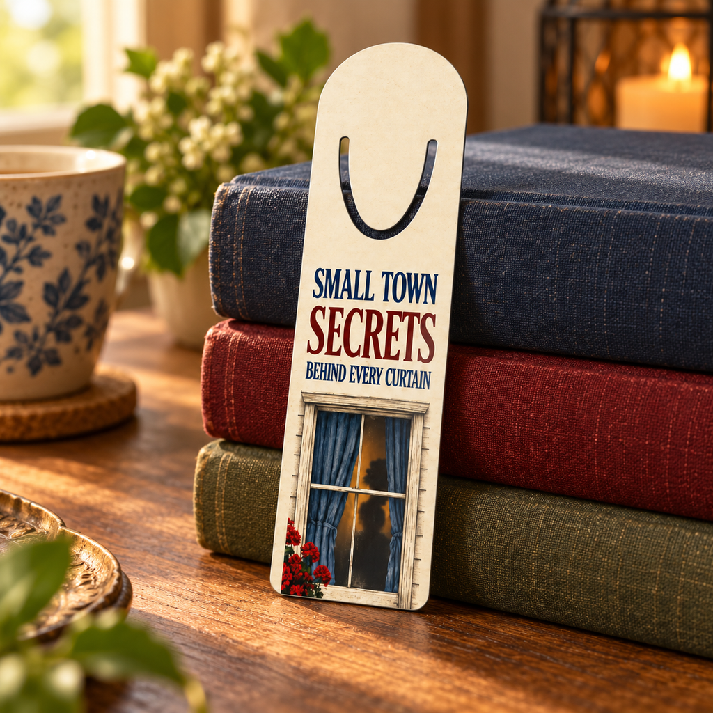 Curtained-window bookmark reading “Small Town Secrets Behind Every Curtain” propped against stacked navy, red, and green books.