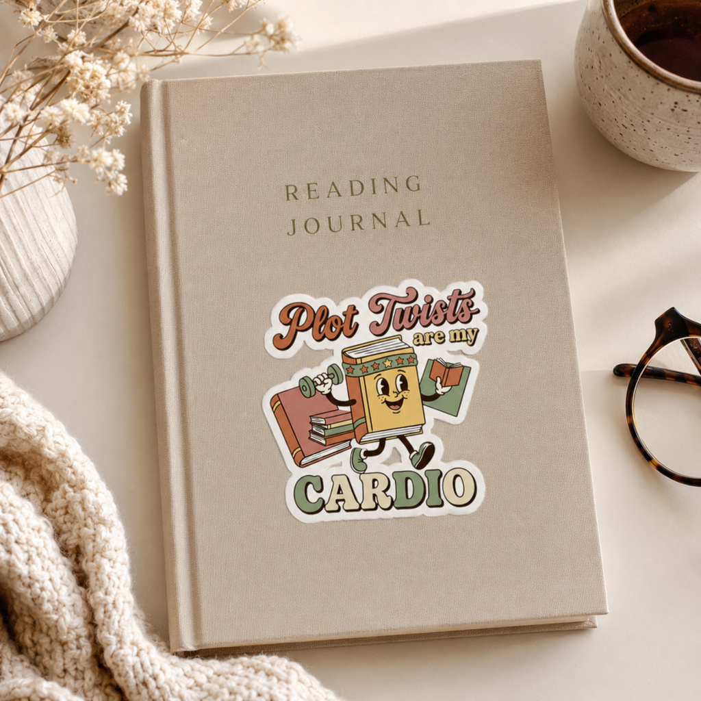 “Plot Twists Are My Cardio” sticker with a smiling cartoon book jogging with a dumbbell and another book, surrounded by coral and sage lettering, shown on a beige reading journal.