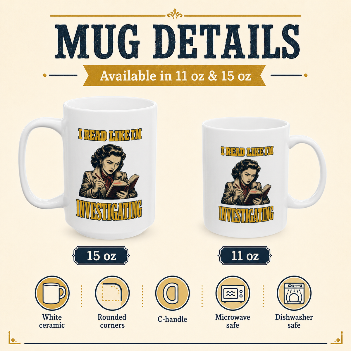 Product details graphic comparing white 11 oz and 15 oz ceramic mugs with rounded corners and C-handles; both are microwave and dishwasher safe.