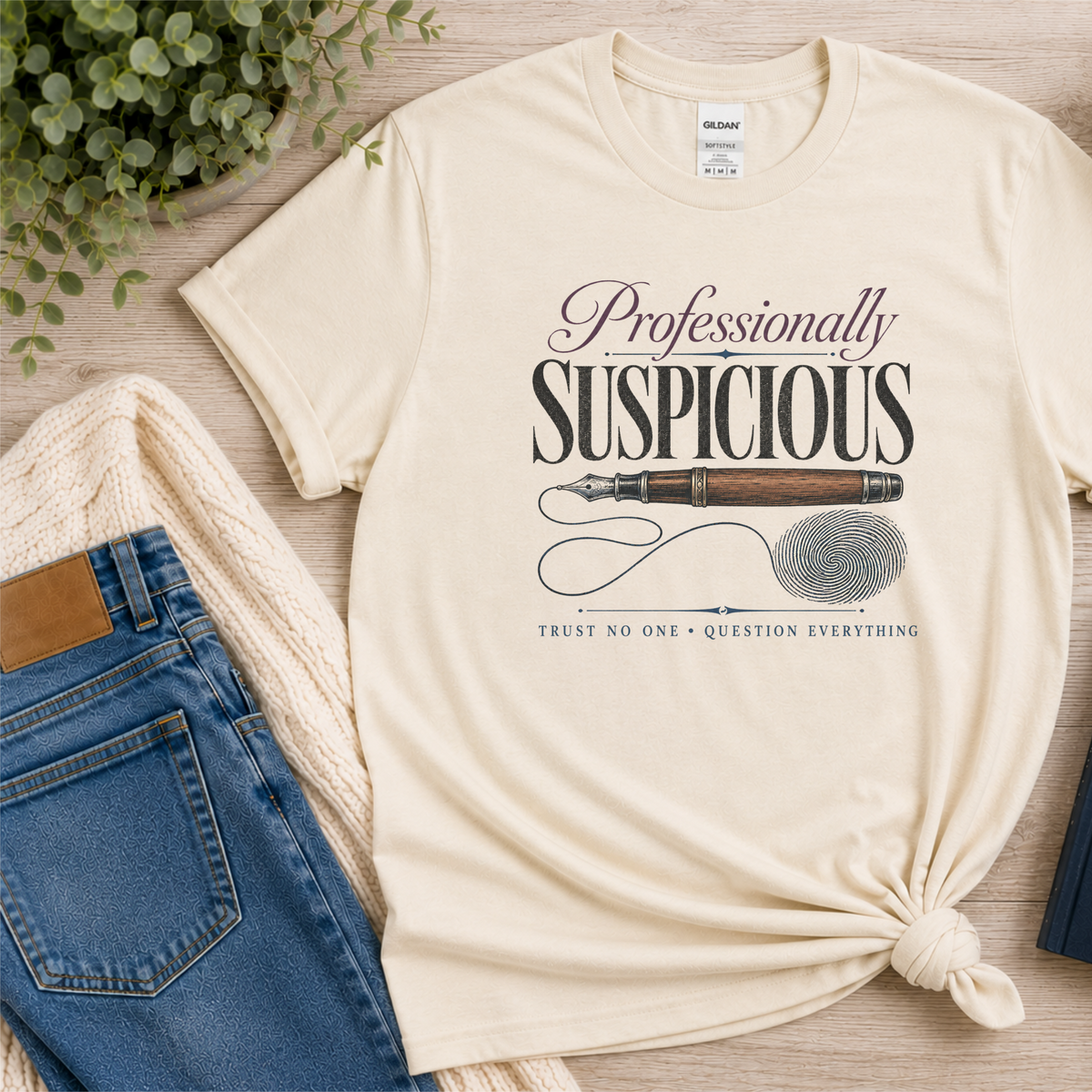 Natural cream T-shirt laid flat with a fountain pen and fingerprint and the words “Professionally Suspicious. Trust No One. Question Everything.”