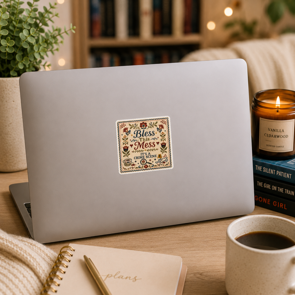 “Bless This Mess. It’s a Crime Scene” sticker with a folk-art floral border, teacup, magnifying glass, evidence marker, and body outline, shown on a silver laptop.
