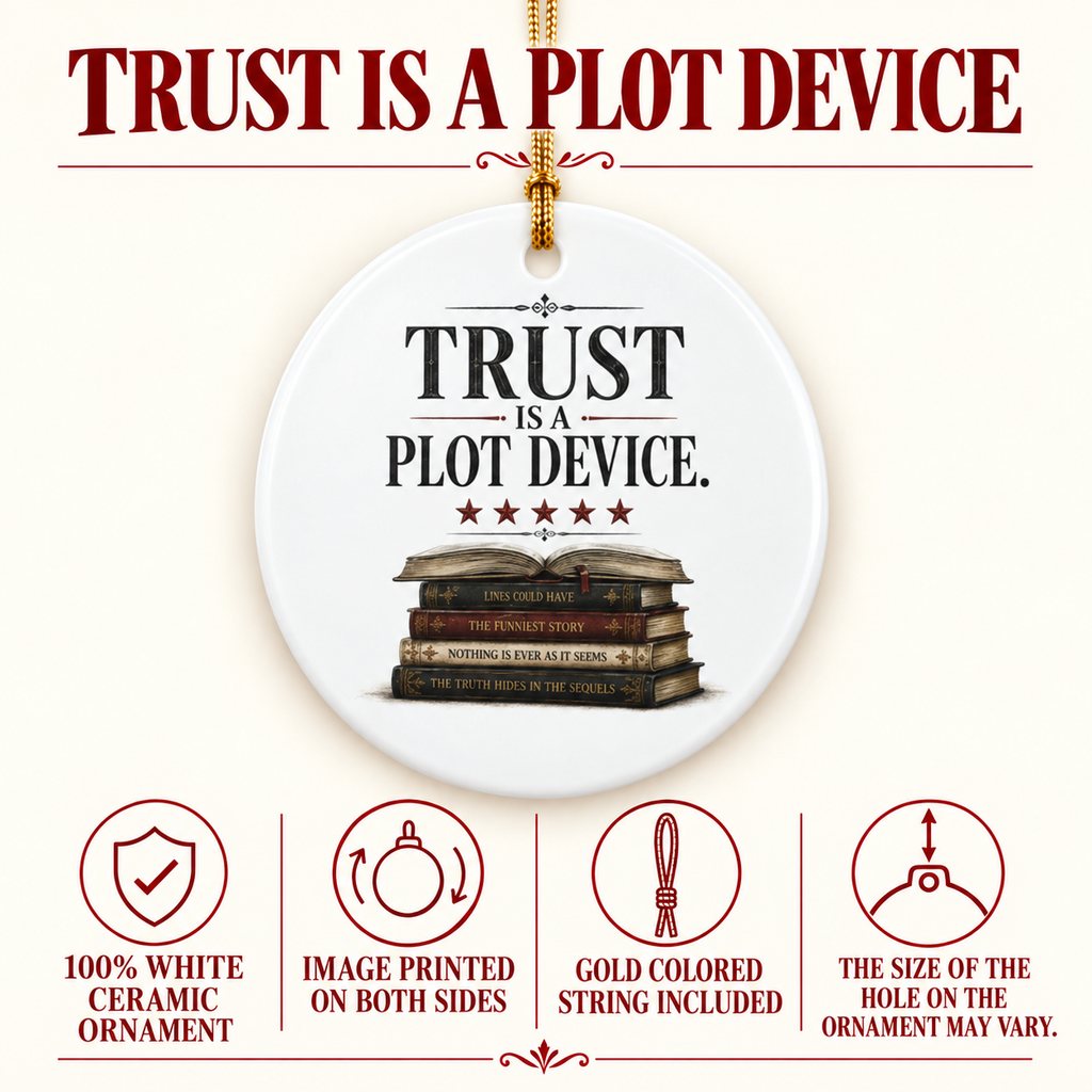 Product details for the “Trust Is a Plot Device” ornament: 100% white ceramic, image printed on both sides, gold-colored string included. Hanging-hole size may vary.