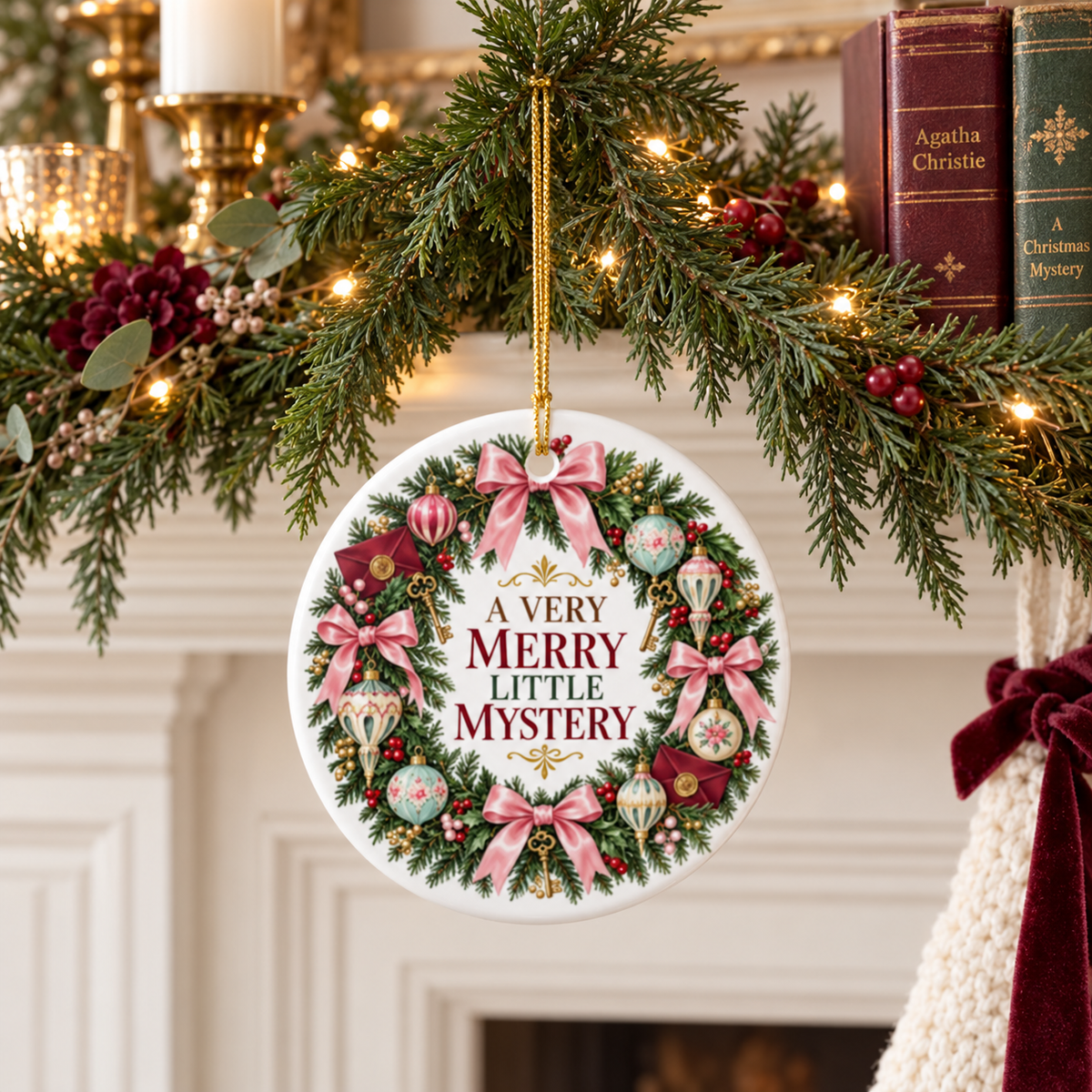 “A Very Merry Little Mystery” ornament hanging from an evergreen mantel garland beside candles, red berries and vintage Agatha Christie books.