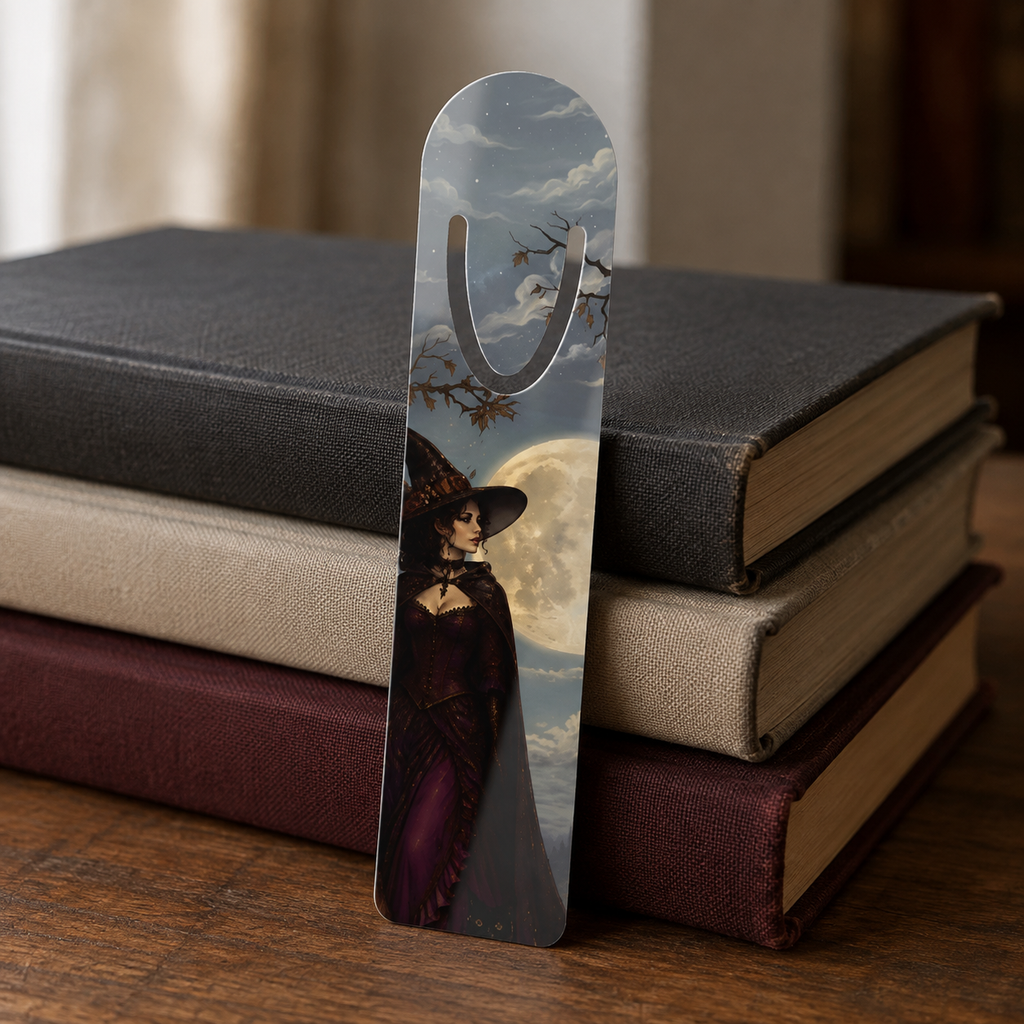 Witch-and-full-moon aluminum bookmark propped against a stack of black, cream, and burgundy clothbound books.