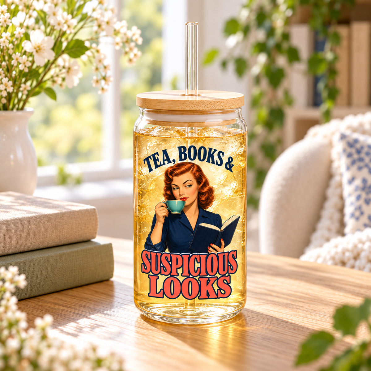 Glass sipper of light iced tea beside books and flowers; bamboo lid, clear straw and a red-haired woman with a teacup and book beneath “Tea, Books & Suspicious Looks” in navy and coral.