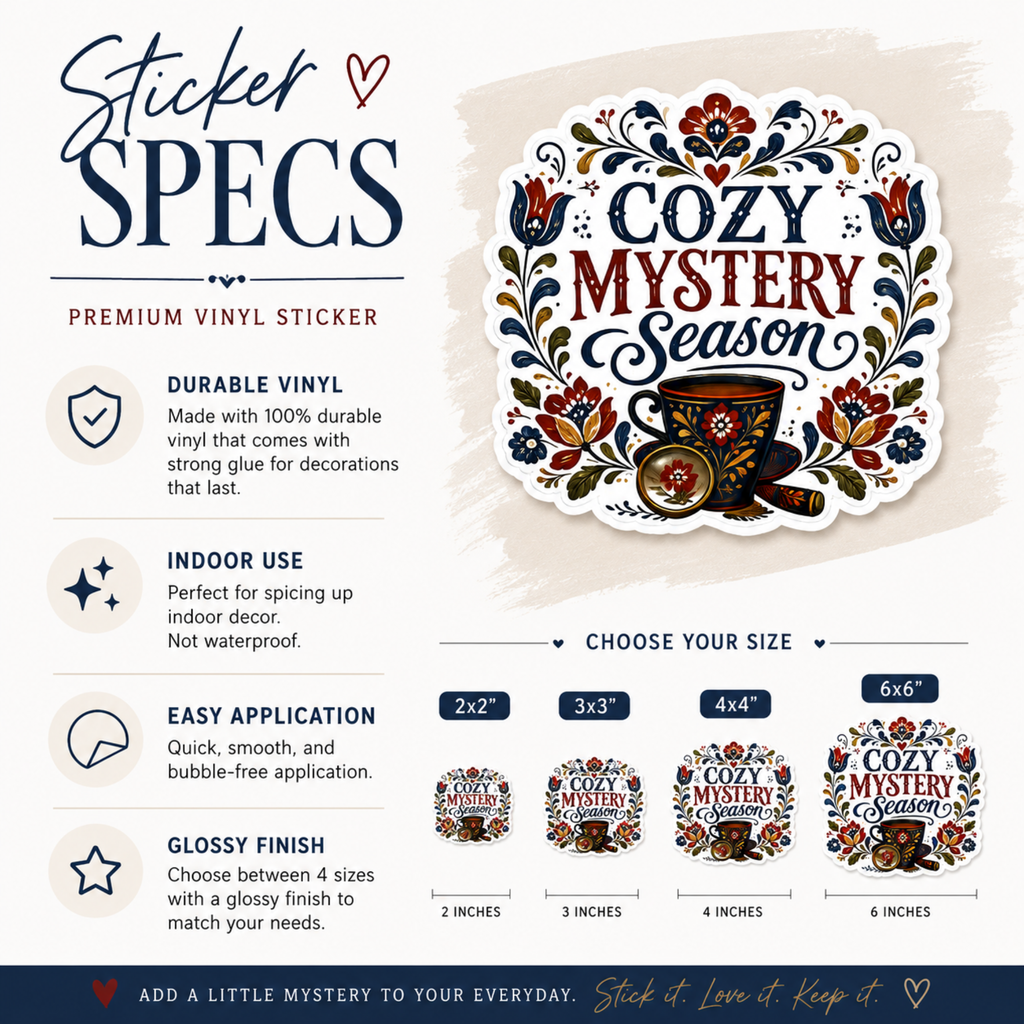 Cozy Glossy Mystery Season Sticker, Book Lover Gift, Folk Art Sticker, Sticker for Laptops, Water Bottles & Reading Journals