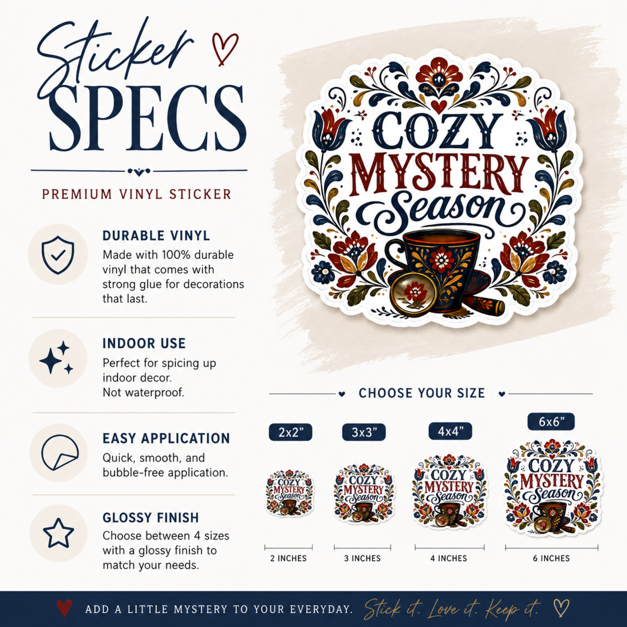 Cozy Glossy Mystery Season Sticker, Book Lover Gift, Folk Art Sticker, Sticker for Laptops, Water Bottles & Reading Journals