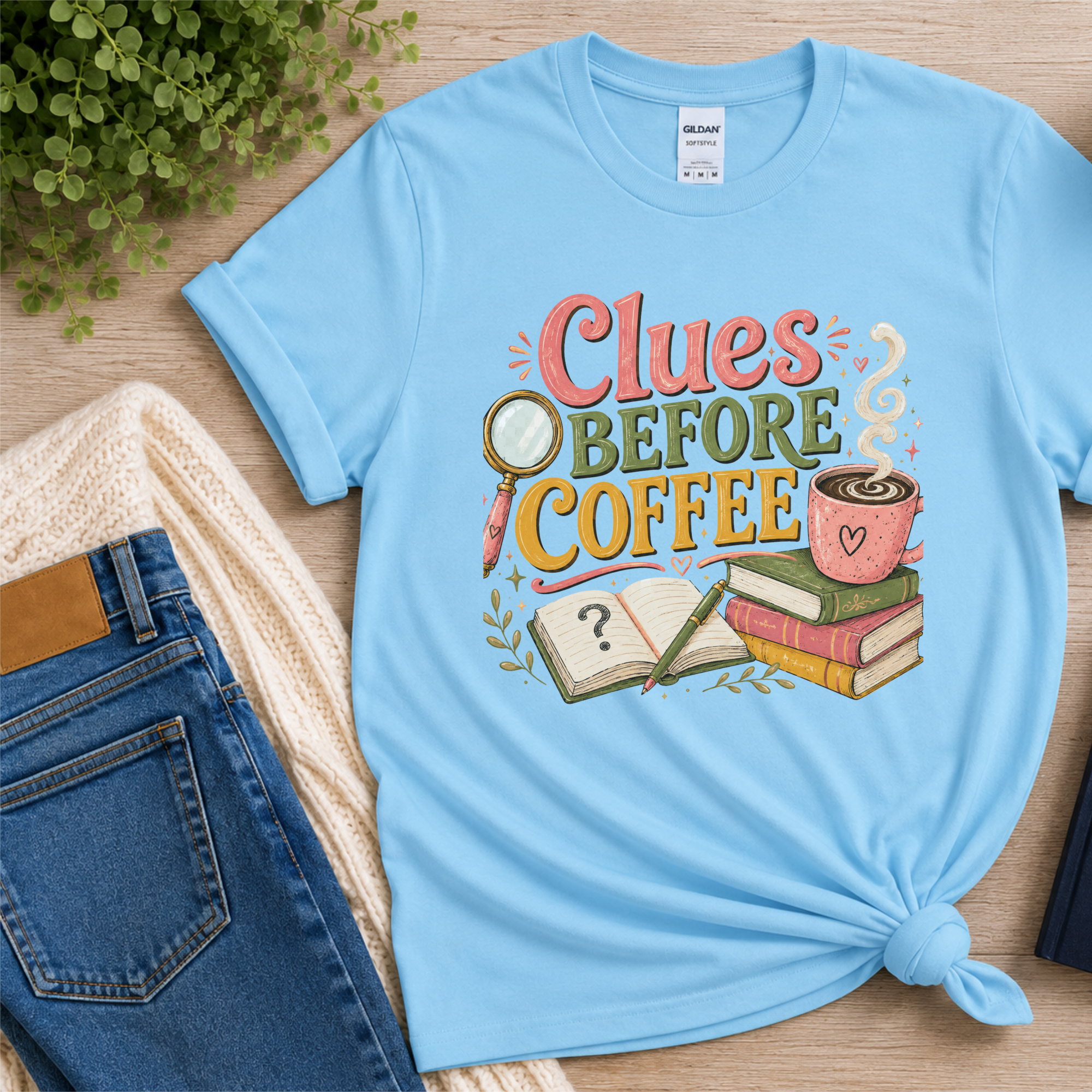 Clues Before Coffee Shirt, Mystery Reader T-Shirt, Cozy Mystery Book Lover Tee, Detective Fiction Gift, Book Club Reading Shirt