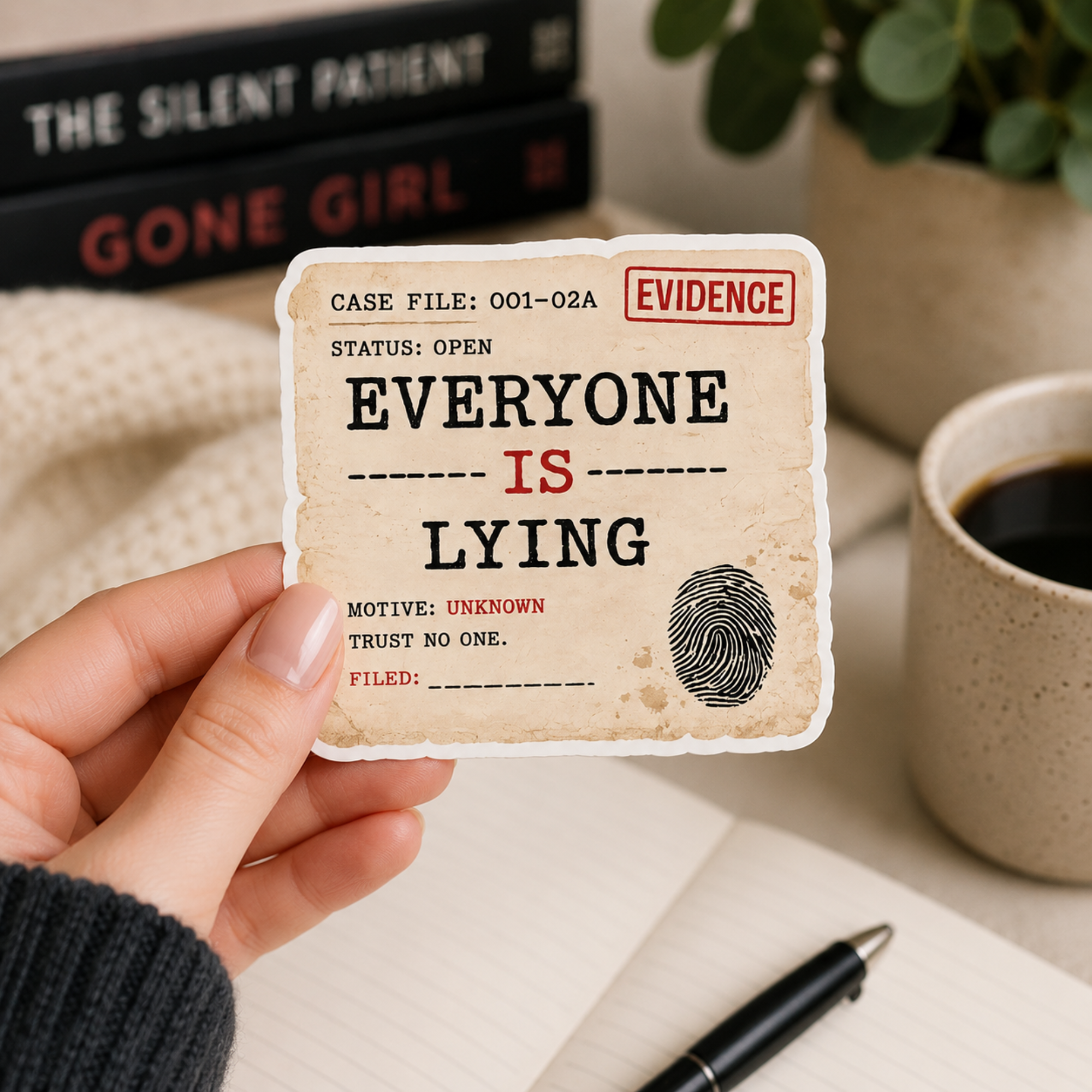 Everyone Is Lying Sticker, Psychological Thriller Sticker, Mystery Reader Gift, Detective Case File Laptop Sticker