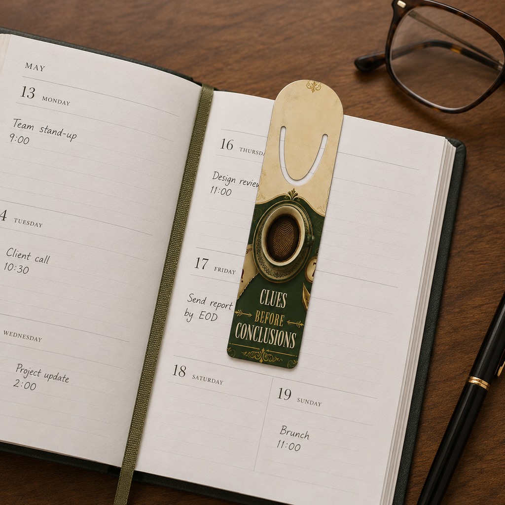 “Clues Before Conclusions” bookmark placed on an open weekly planner beside reading glasses and a black pen.