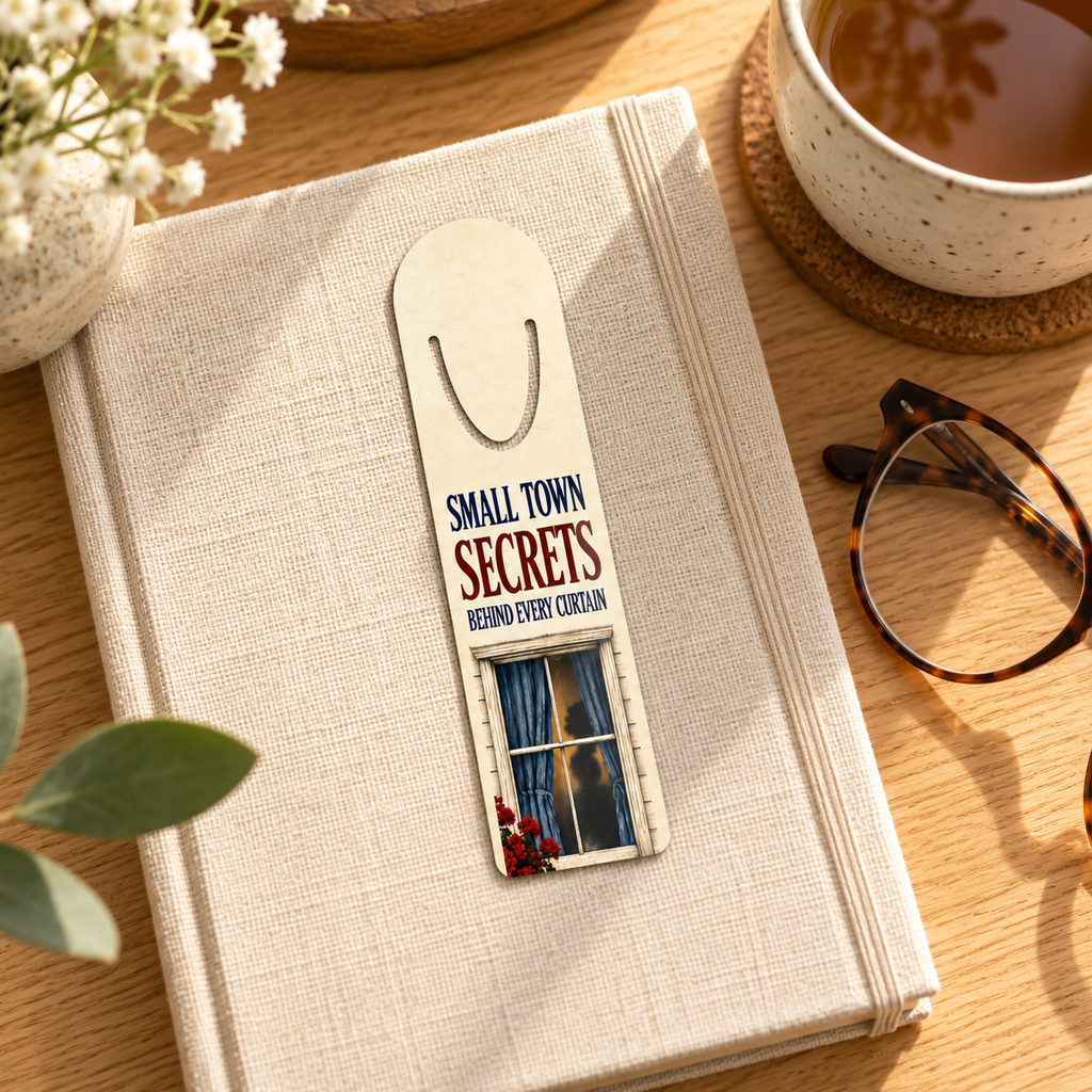 “Small Town Secrets Behind Every Curtain” bookmark resting on a clothbound book beside tea and reading glasses.