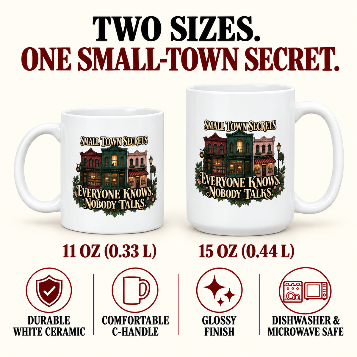 “Small Town Secrets—Everyone Knows. Nobody Talks.” mug specifications: 11 oz (0.33 L) and 15 oz (0.44 L), durable white ceramic, comfortable C-handle, shiny finish, dishwasher and microwave safe.
