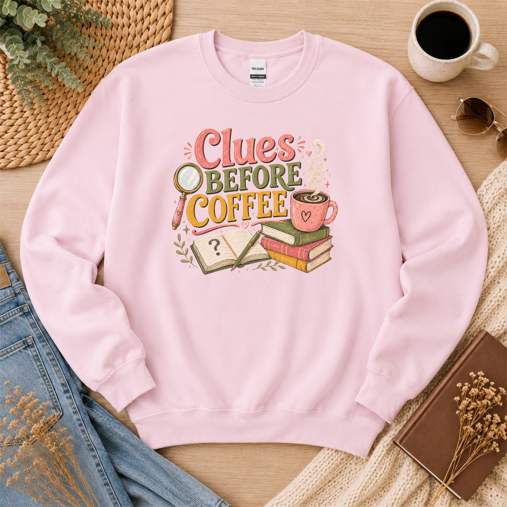 Clues Before Coffee Sweatshirt, Mystery Reader Sweatshirt, Cozy Mystery Gift, Book Lover Crewneck, Detective Reader Apparel