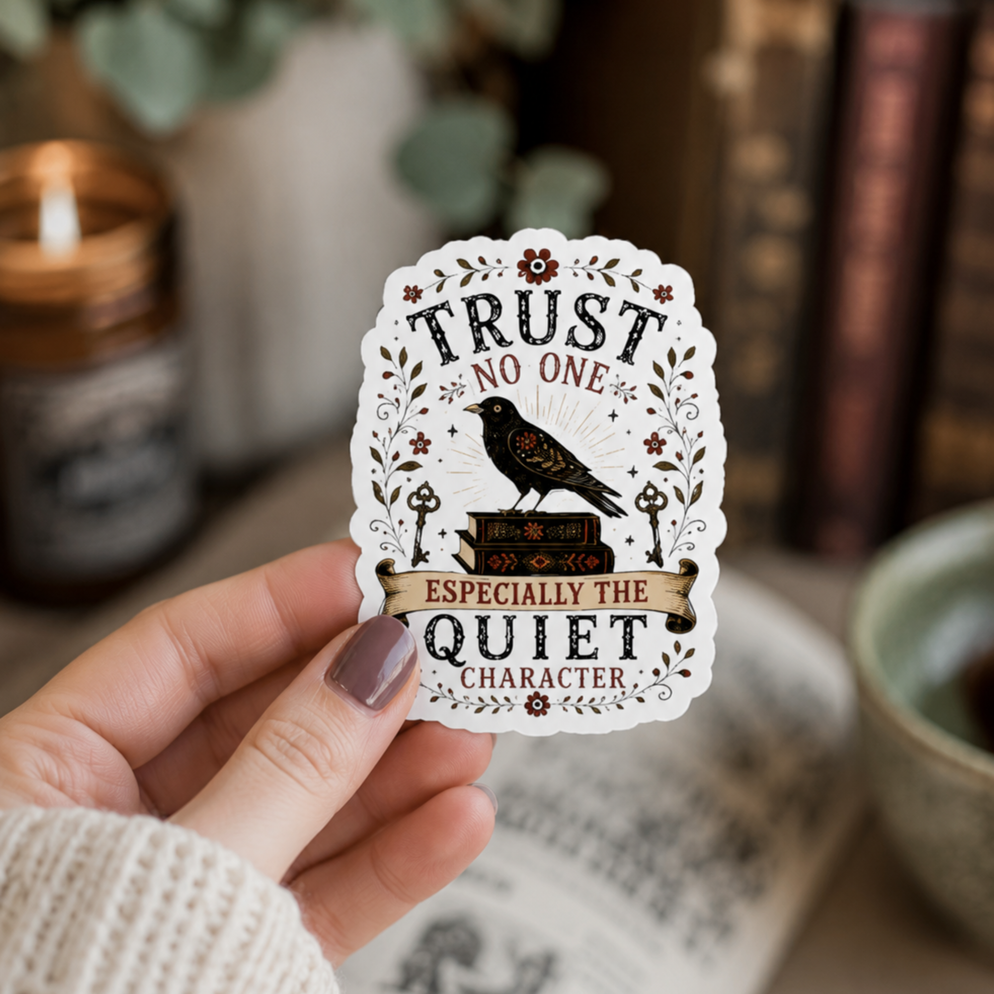 Trust No One Sticker, Psychological Thriller Reader Gift, Quiet Character Vinyl Sticker, Mystery Book Lover Decal
