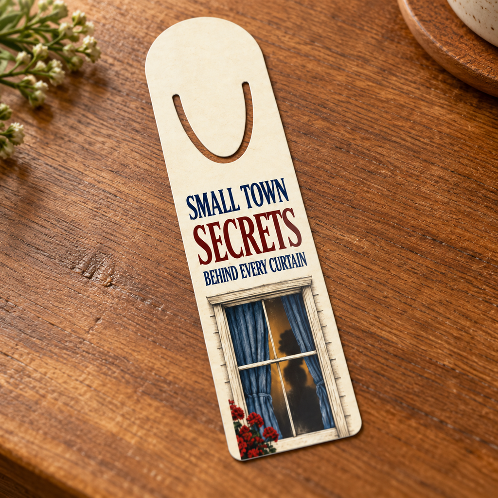 Cream bookmark with a silhouetted figure behind a glowing blue-curtained window, red flowers and the words “Small Town Secrets Behind Every Curtain,” displayed on wood.