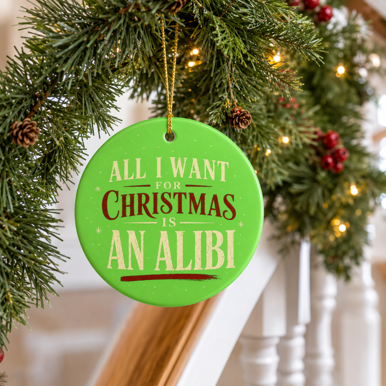 All I Want for Christmas Is an Alibi Ornament, Funny Christmas Ornament, Crime Lover Gift, Green Holiday Tree Decor, Bookish Gift Idea