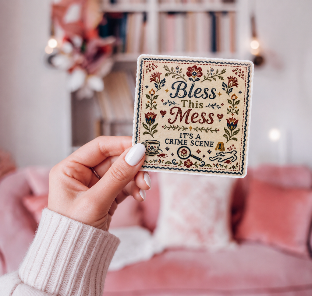 Bless This Mess True Crime Themed Glossy Sticker, Book Lover Gift, Water Bottle Sticker, Laptop Sticker