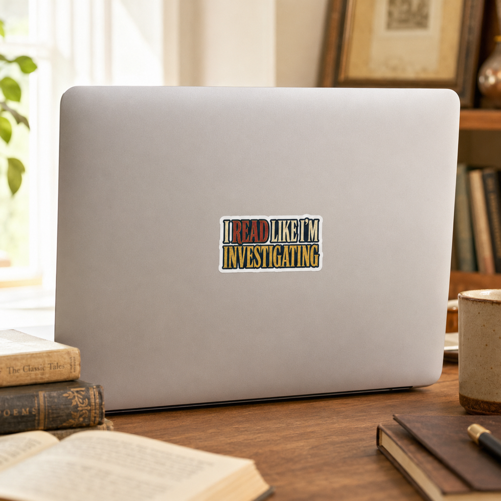 “I Read Like I’m Investigating” sticker with red, cream, and gold block lettering, shown on a silver laptop.