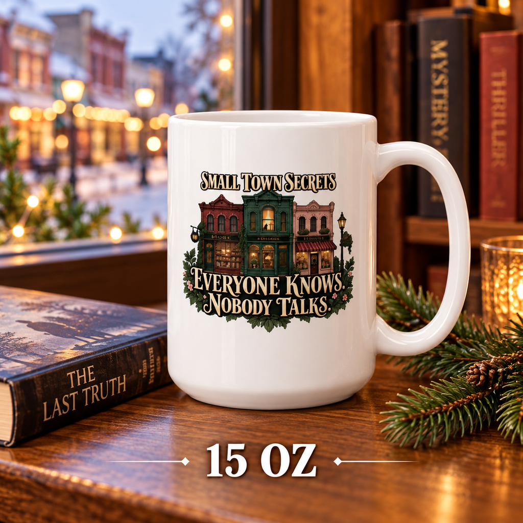 15-ounce Small Town Secrets mug featuring illustrated storefronts and “Everyone Knows. Nobody Talks.” beside a thriller novel, bookshelf, evergreen and glowing town lights.