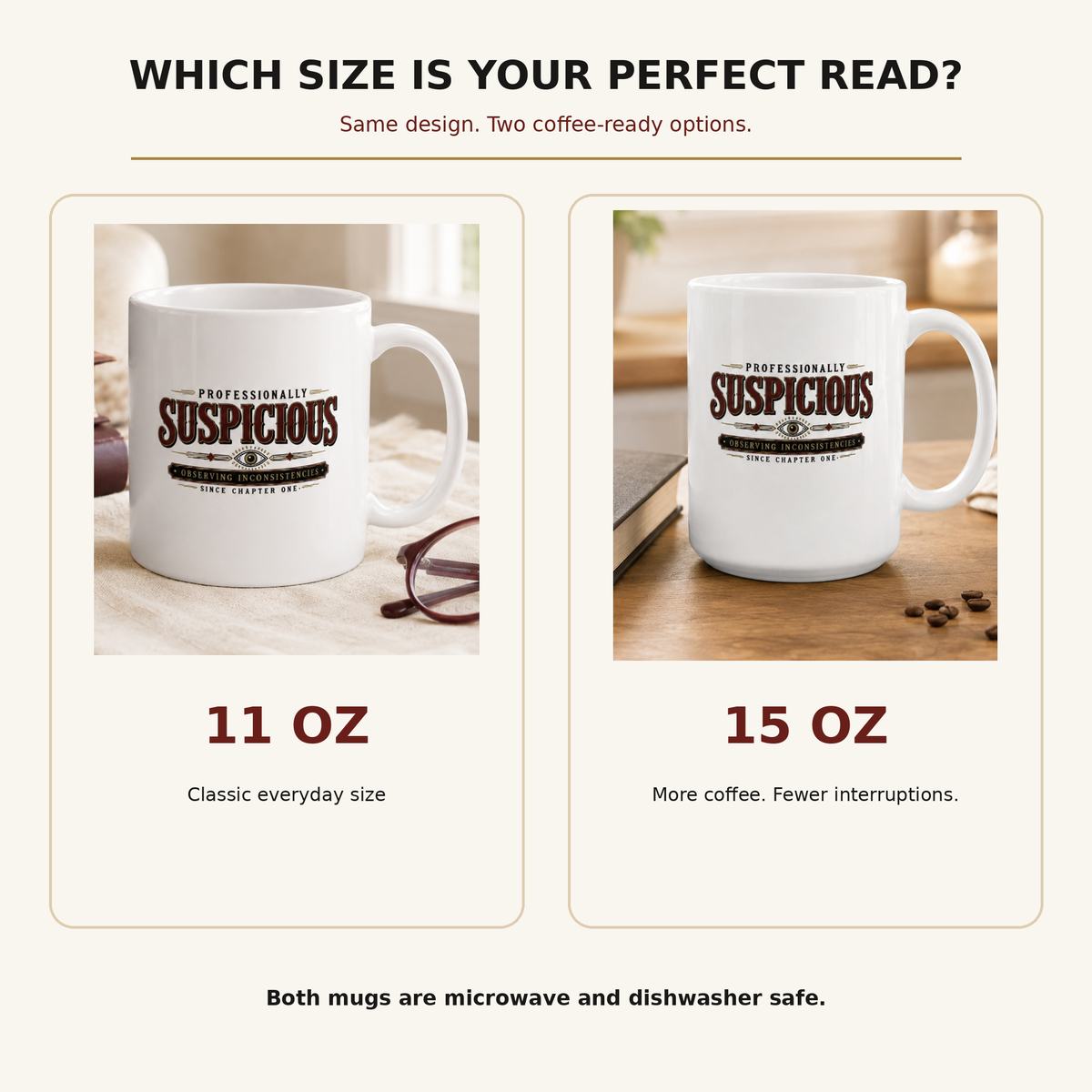 Size guide comparing 11 oz and 15 oz white “Professionally Suspicious” mugs, both labeled microwave and dishwasher safe.