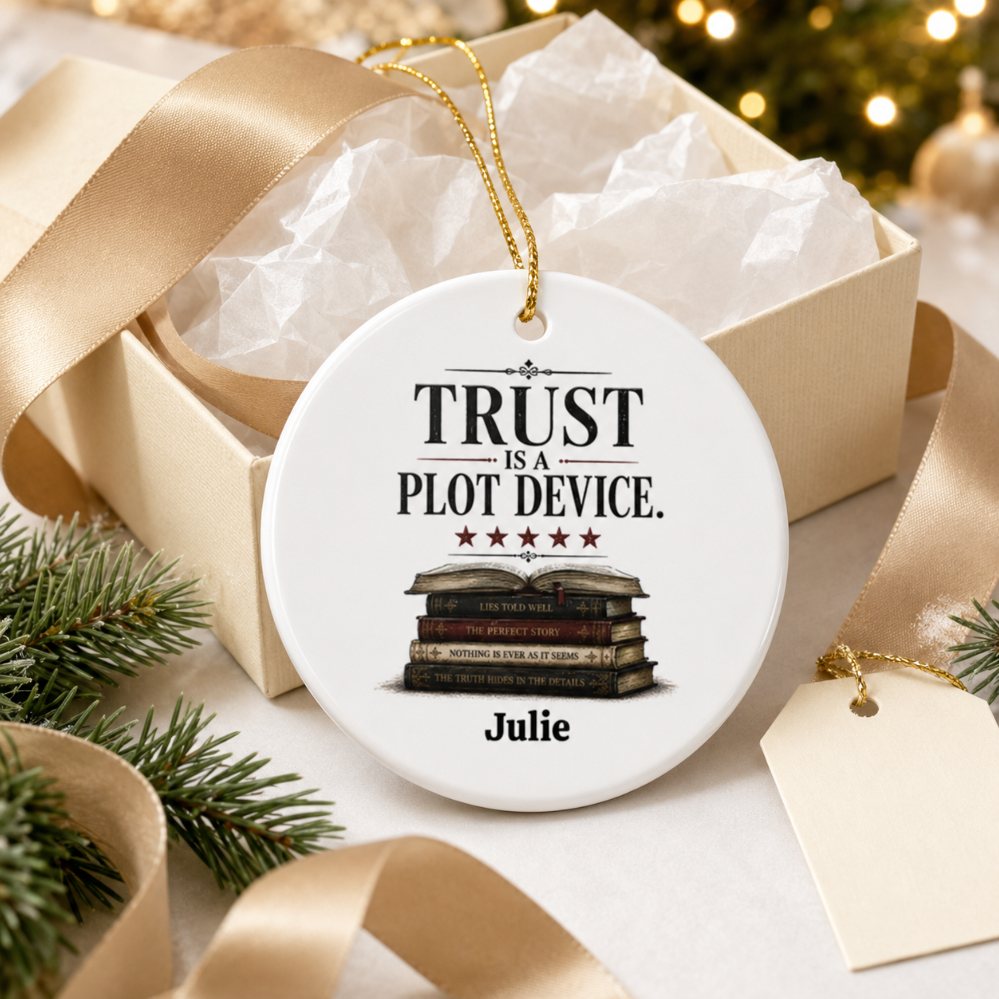 Personalized Book Lover Ornament, Trust Is a Plot Device Ceramic Christmas Ornament, Reader Gift, Literary Decor
