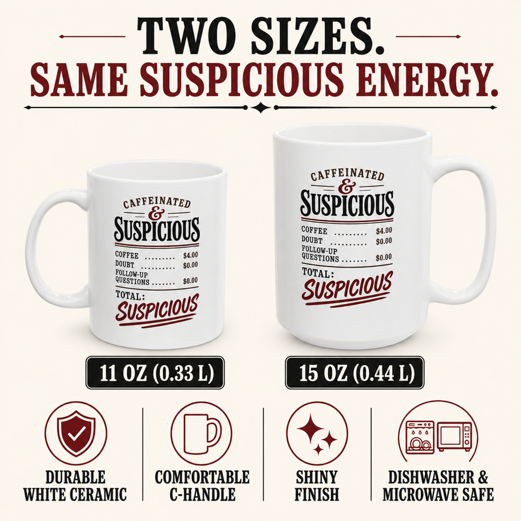 “Caffeinated & Suspicious” mug specifications: 11 oz (0.33 L) and 15 oz (0.44 L), durable white ceramic, comfortable C-handle, shiny finish, dishwasher and microwave safe.