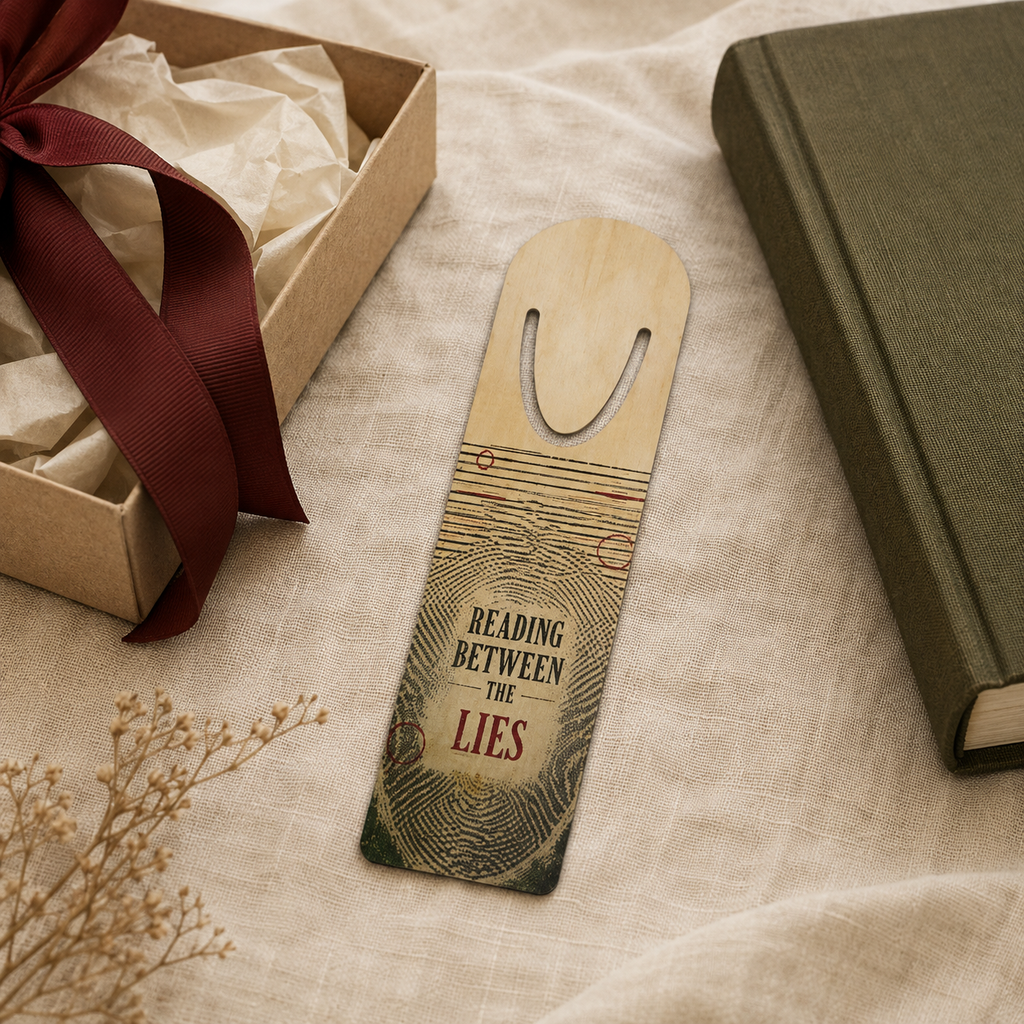 Cream “Reading Between the Lies” fingerprint-pattern bookmark on linen beside a green book and burgundy-ribbon gift box.