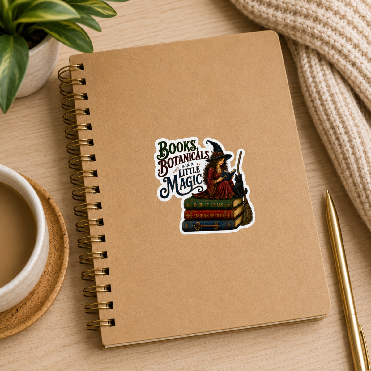 “Books, Botanicals and a Little Magic” sticker with a witch in a red dress reading beside a black cat, broom, and stacked spell books, shown on a kraft spiral notebook.