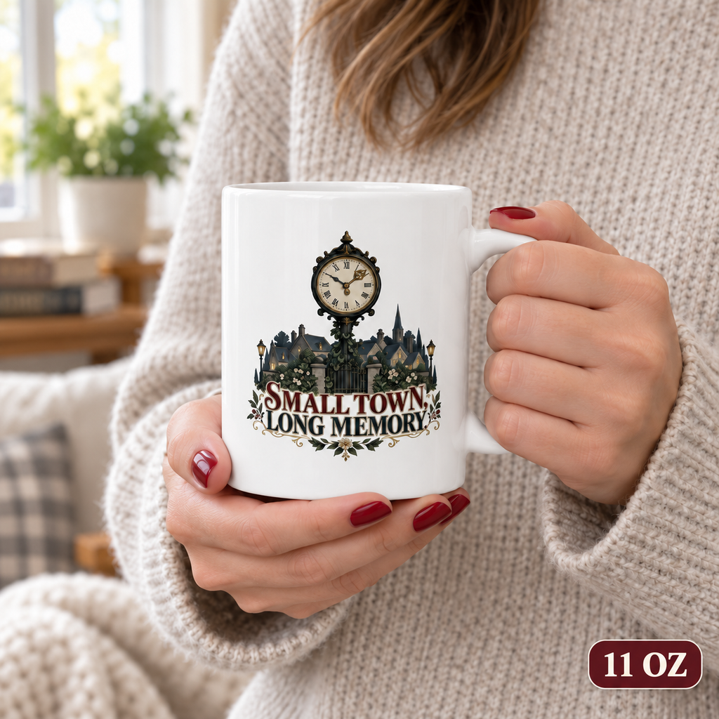 Person holding an 11 oz white ceramic mug featuring a clock, a shadowy town, and the words “Small Town, Long Memory.”