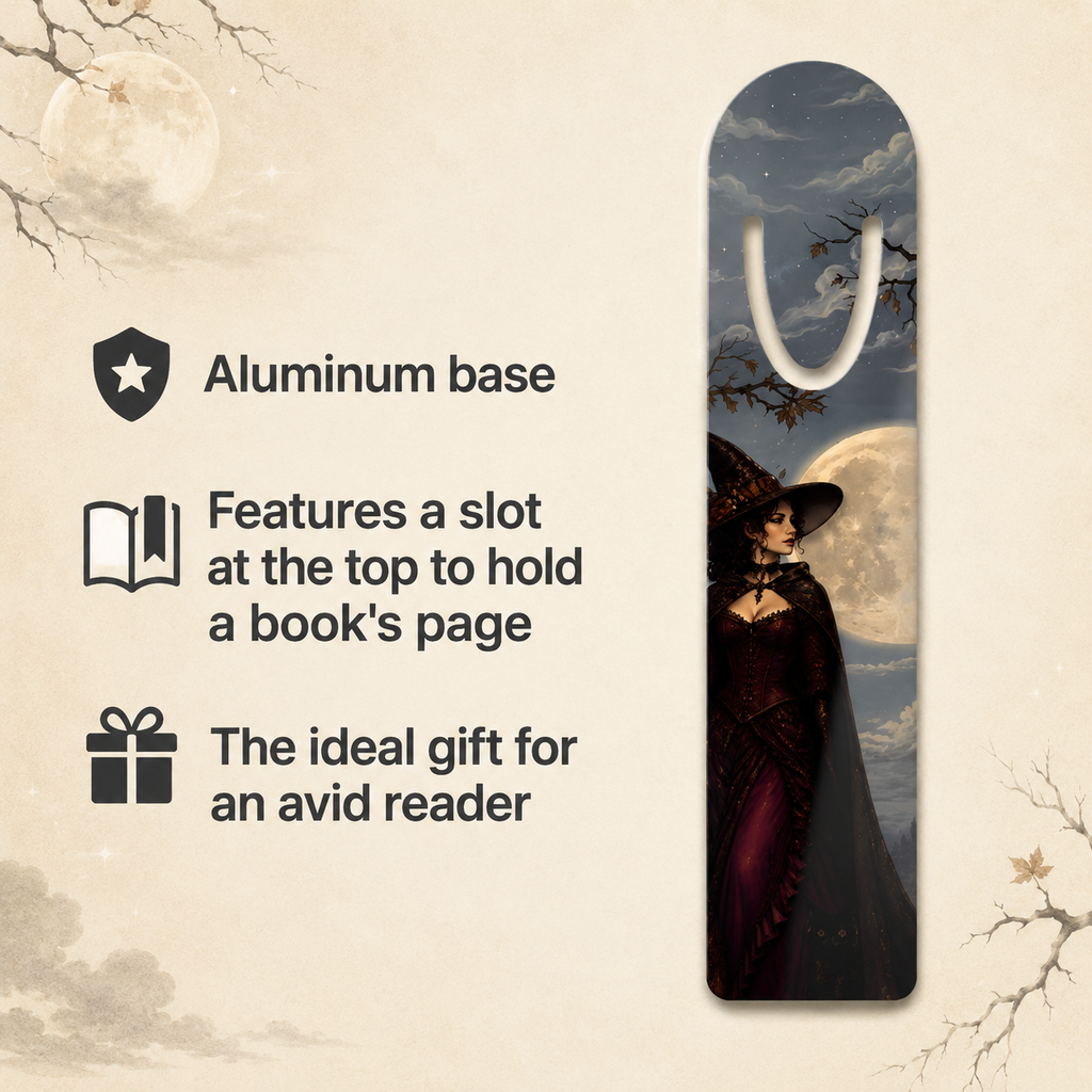 Witch-and-full-moon aluminum bookmark beside a feature guide noting its page-holding slot and suitability as a gift for an avid reader.