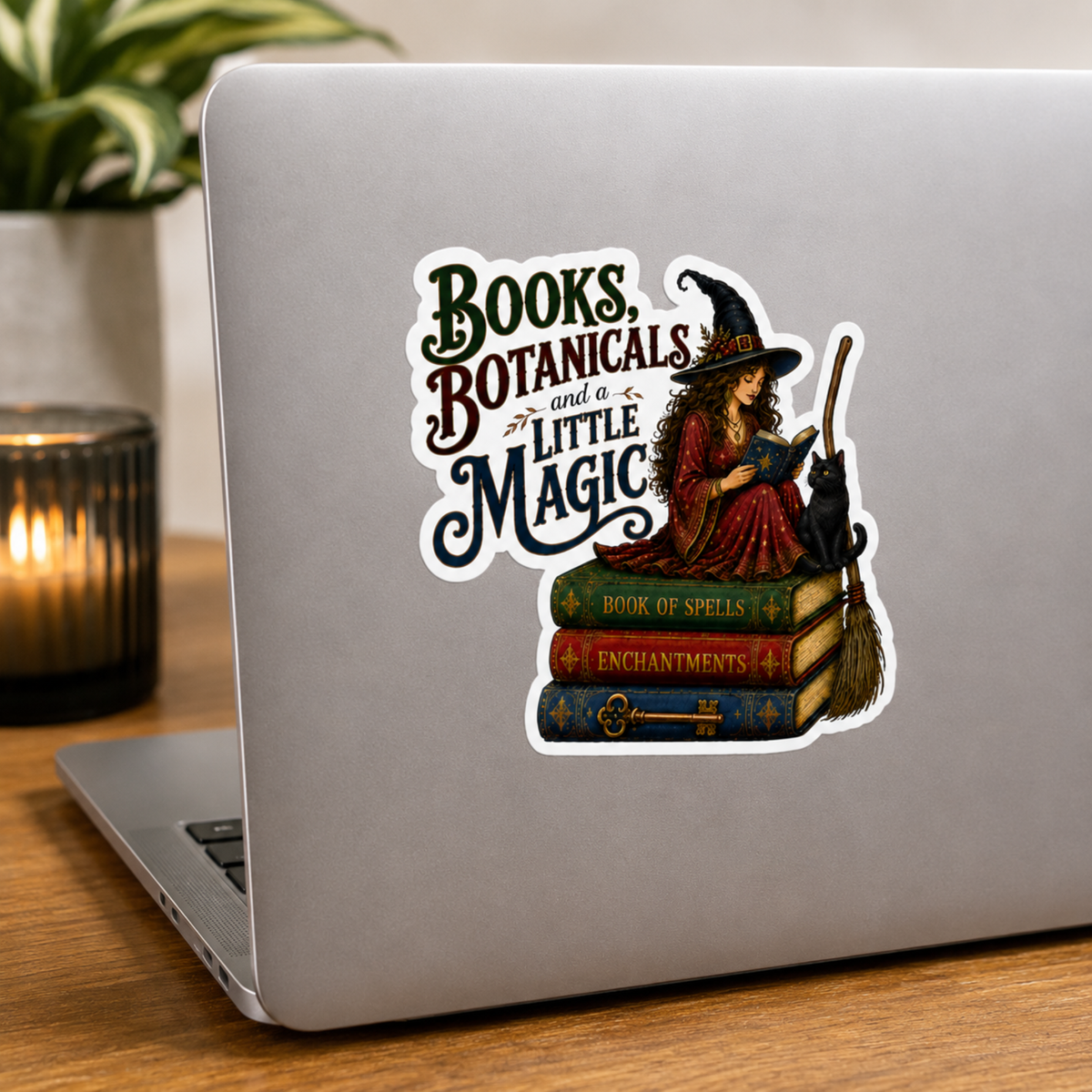 “Books, Botanicals and a Little Magic” sticker with a witch in a red dress reading beside a black cat, broom, and stacked spell books, shown on a silver laptop.