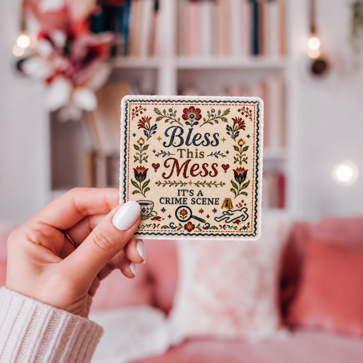 Hand holding a white-bordered sticker reading “Bless This Mess. It’s a Crime Scene,” featuring a folk-art floral border, teacup, magnifying glass, evidence marker, and body outline.