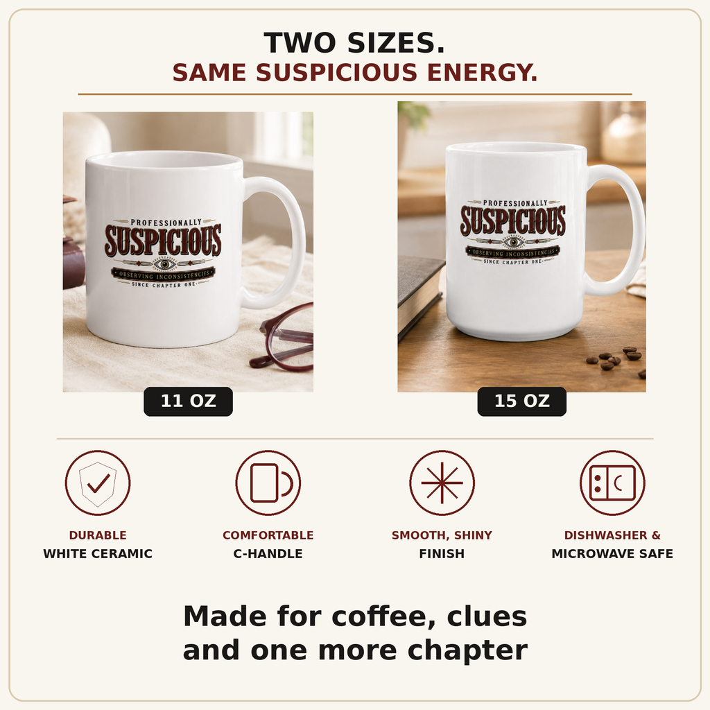 11 oz and 15 oz “Professionally Suspicious” mugs shown with details for white ceramic, C-handles, glossy finish, and dishwasher and microwave safety.