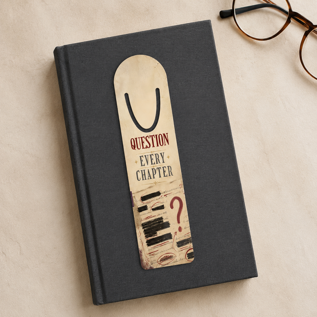 Cream “Question Every Chapter” aluminum bookmark resting on a black clothbound book beside reading glasses.