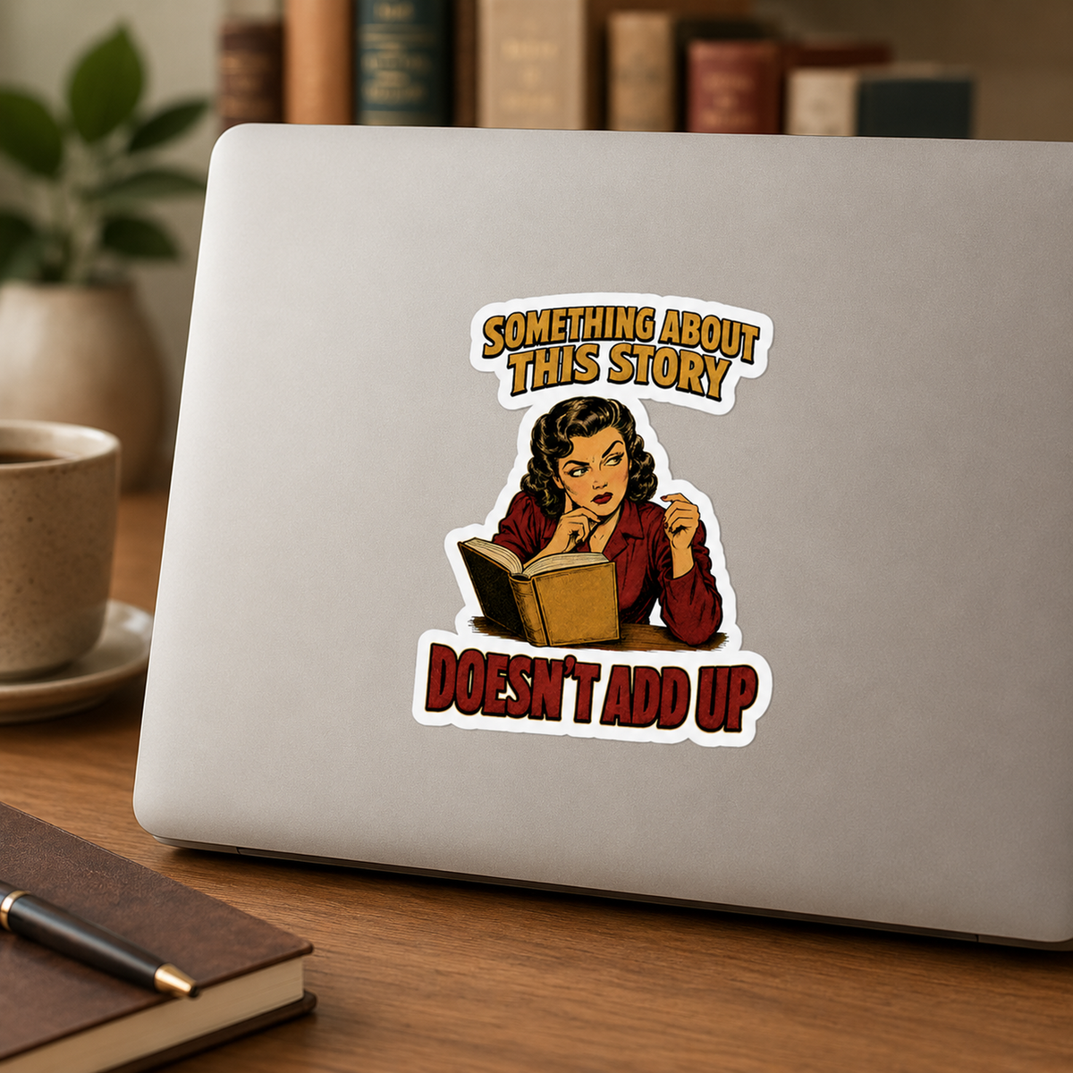 “Something About This Story Doesn’t Add Up” sticker with a retro reader in a red jacket studying an open book, shown on a silver laptop.