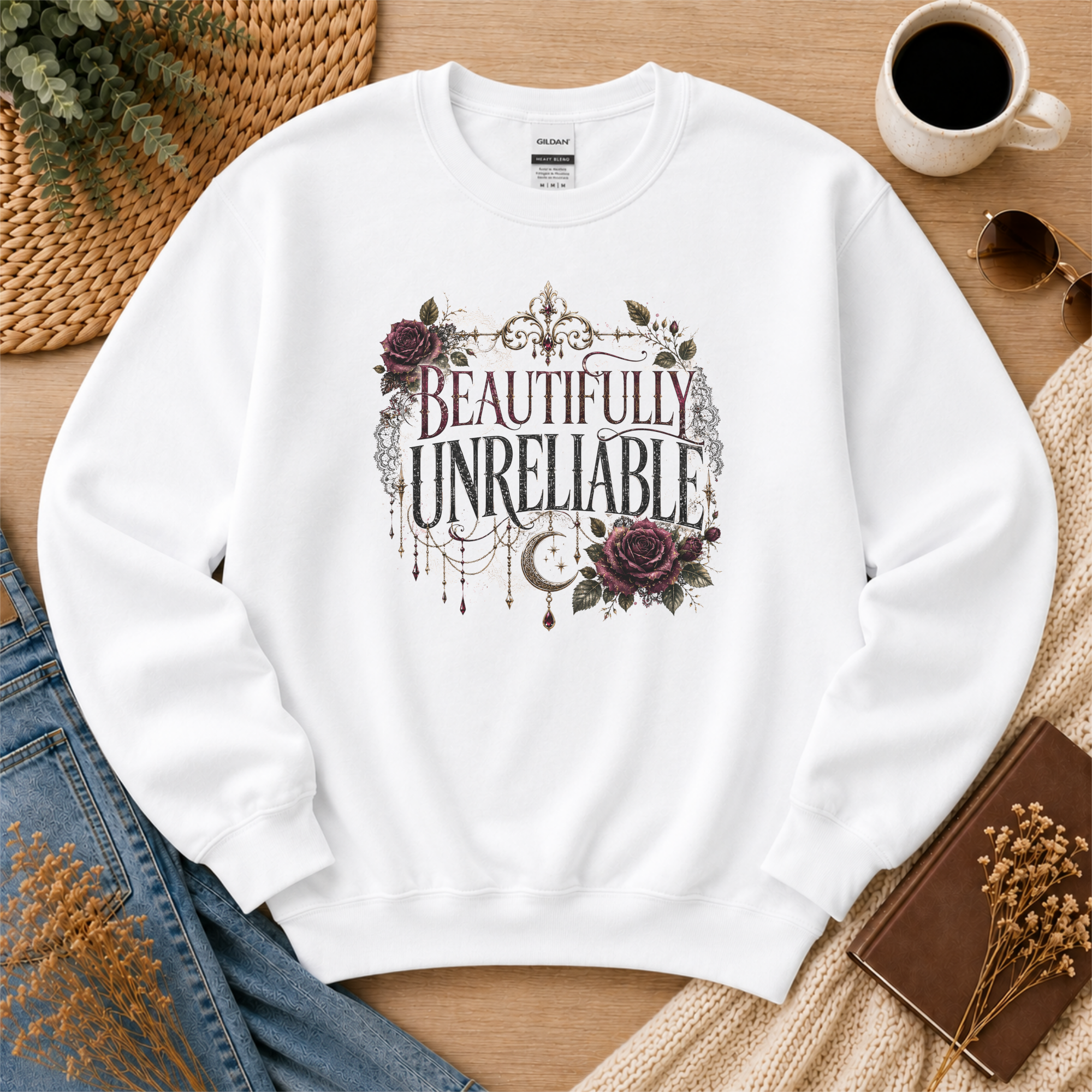 Beautifully Unreliable Sweatshirt, Dark Romance Sweatshirt, Gothic Book Lover Gift, Morally Gray Character Crewneck, Reader Apparel