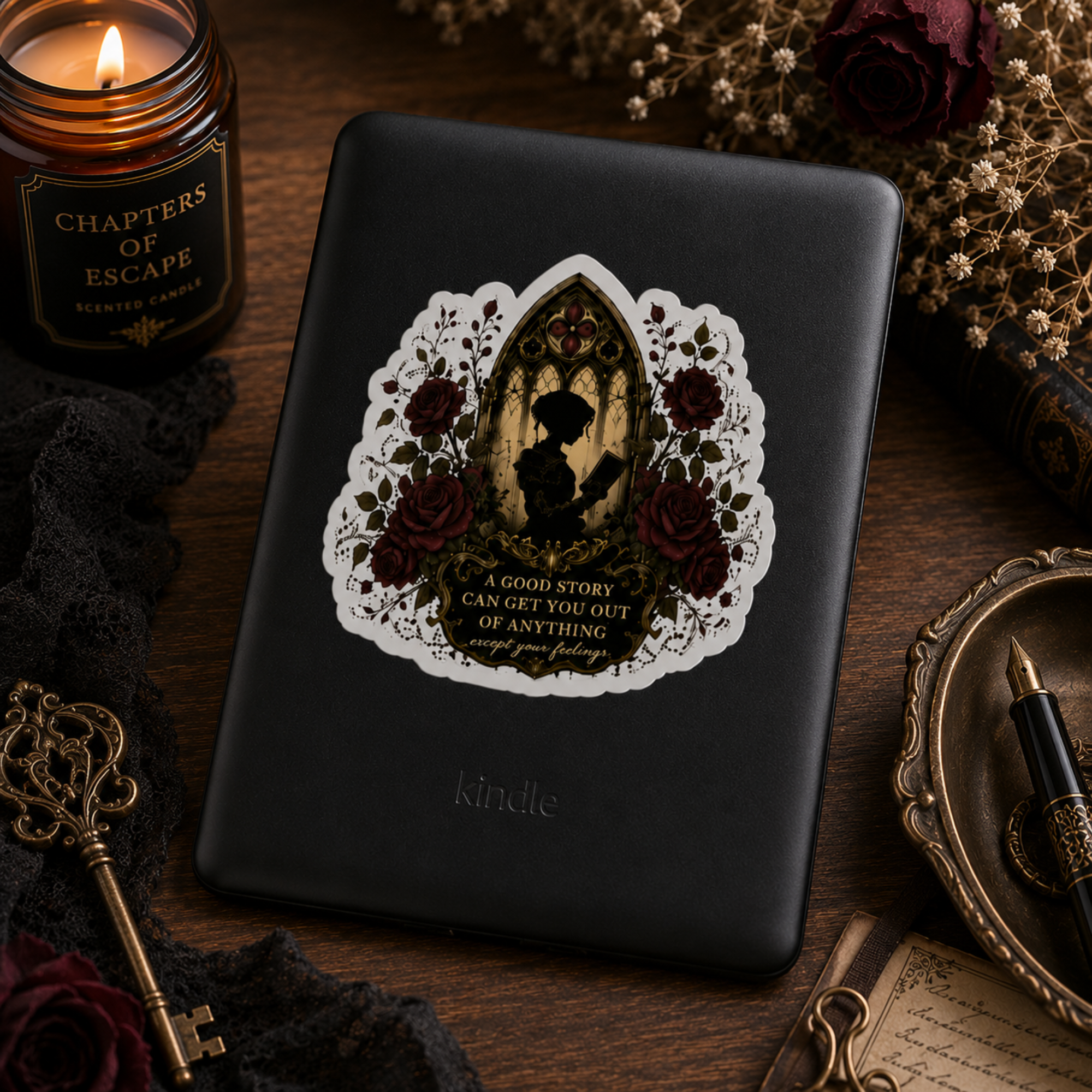 Gothic Book Lover Glossy Sticker, Laptop Water Bottle Decor, Dark Academia Reading Gift, Book Lover Gift, Laptop Sticker