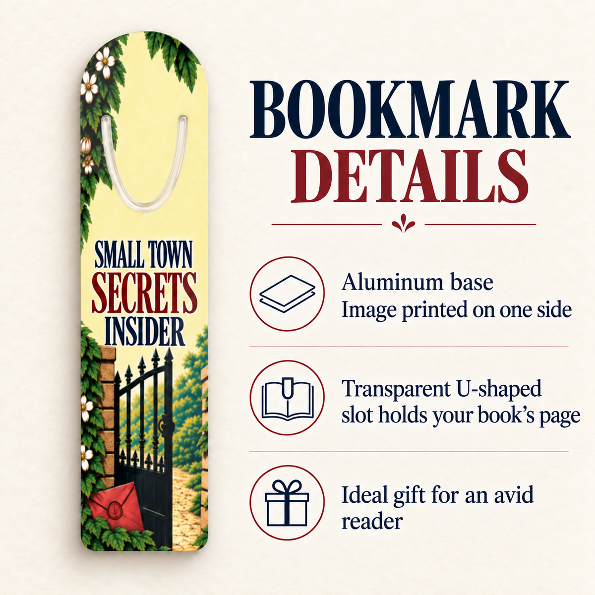 “Small Town Secrets Insider” aluminum bookmark beside a feature guide noting its one-sided print, transparent U-shaped page slot, and reader-gift appeal.