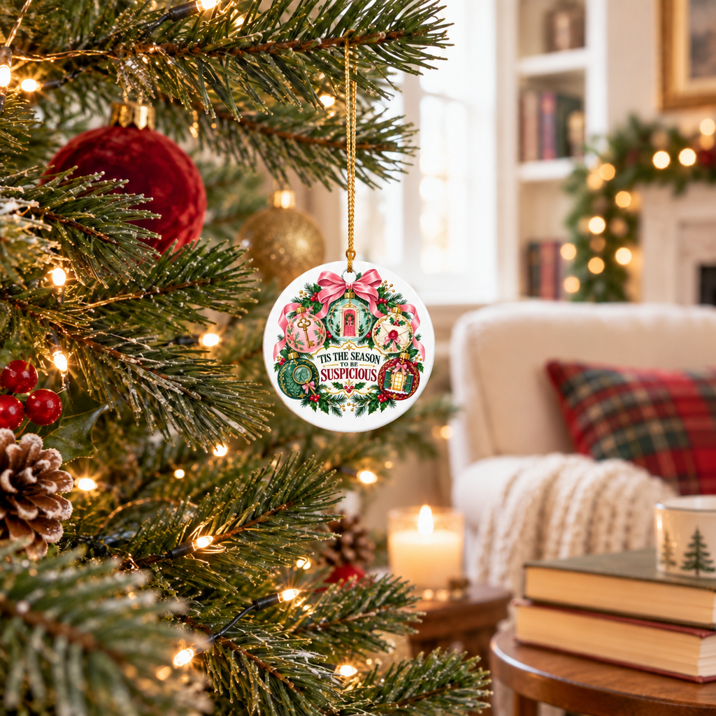 “’Tis the Season to Be Suspicious” ornament hanging on a lit Christmas tree in a cozy reading room with a fireplace, bookshelf and stacked books.