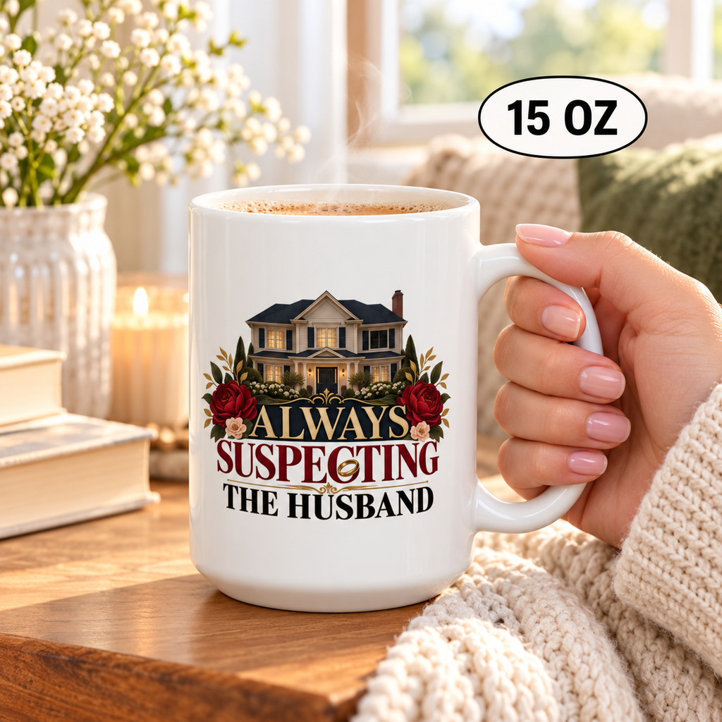 Hand holding a white 15 oz mug of a steaming drink beside books, flowers and a candle; house and red rose artwork above “Always Suspecting the Husband.”