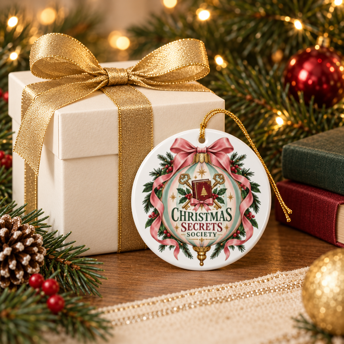 Christmas Secrets Society ornament displayed beside a white gift box with a gold bow, evergreen branches and red and green books.