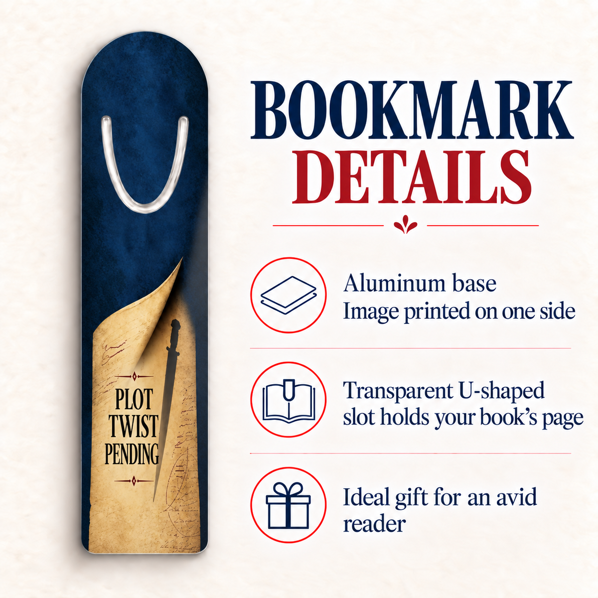 “Plot Twist Pending” aluminum bookmark beside a feature guide noting its one-sided print, transparent U-shaped page slot, and reader-gift appeal.