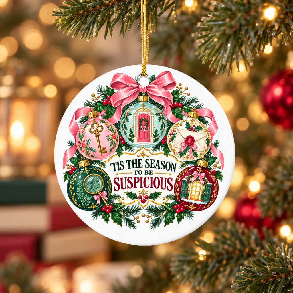 “’Tis the Season to Be Suspicious” ceramic ornament featuring vintage baubles with a key, red door, magnifying glass and sealed letter, hanging on a glowing Christmas tree.