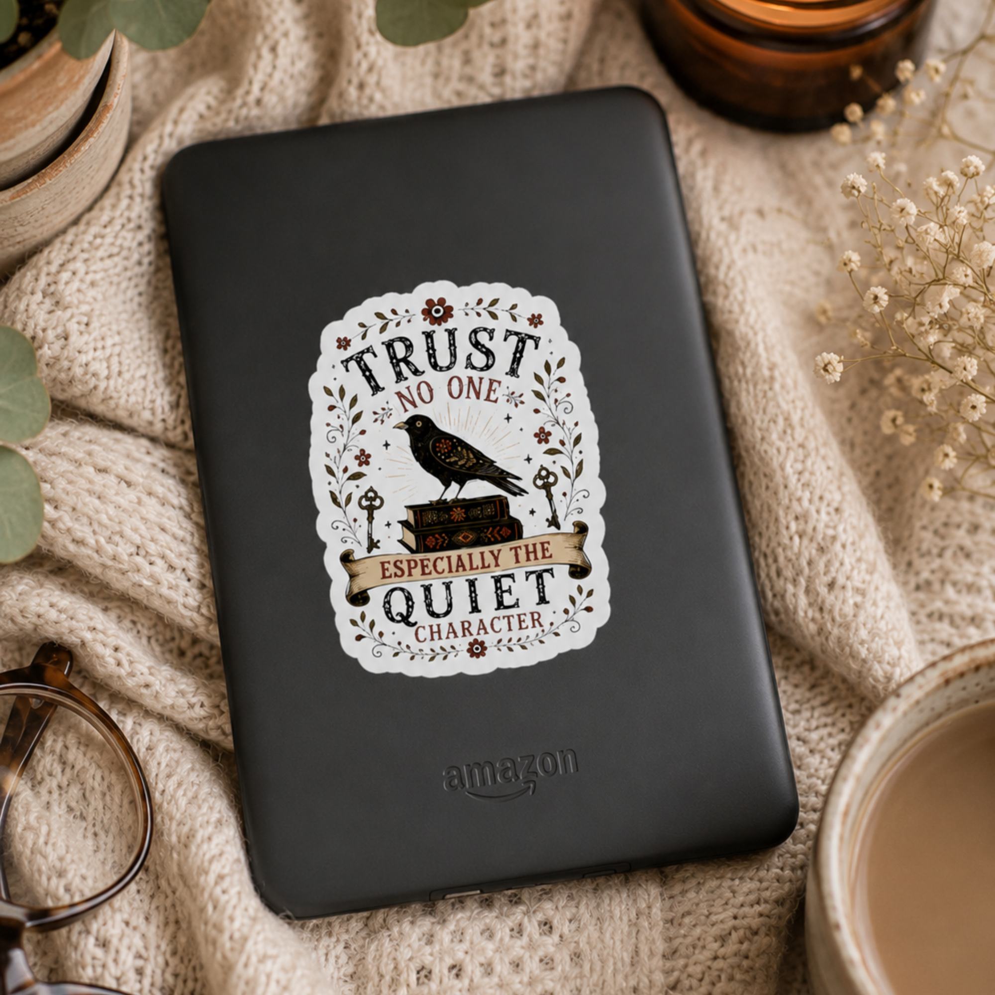 Trust No One Sticker, Psychological Thriller Reader Gift, Quiet Character Vinyl Sticker, Mystery Book Lover Decal