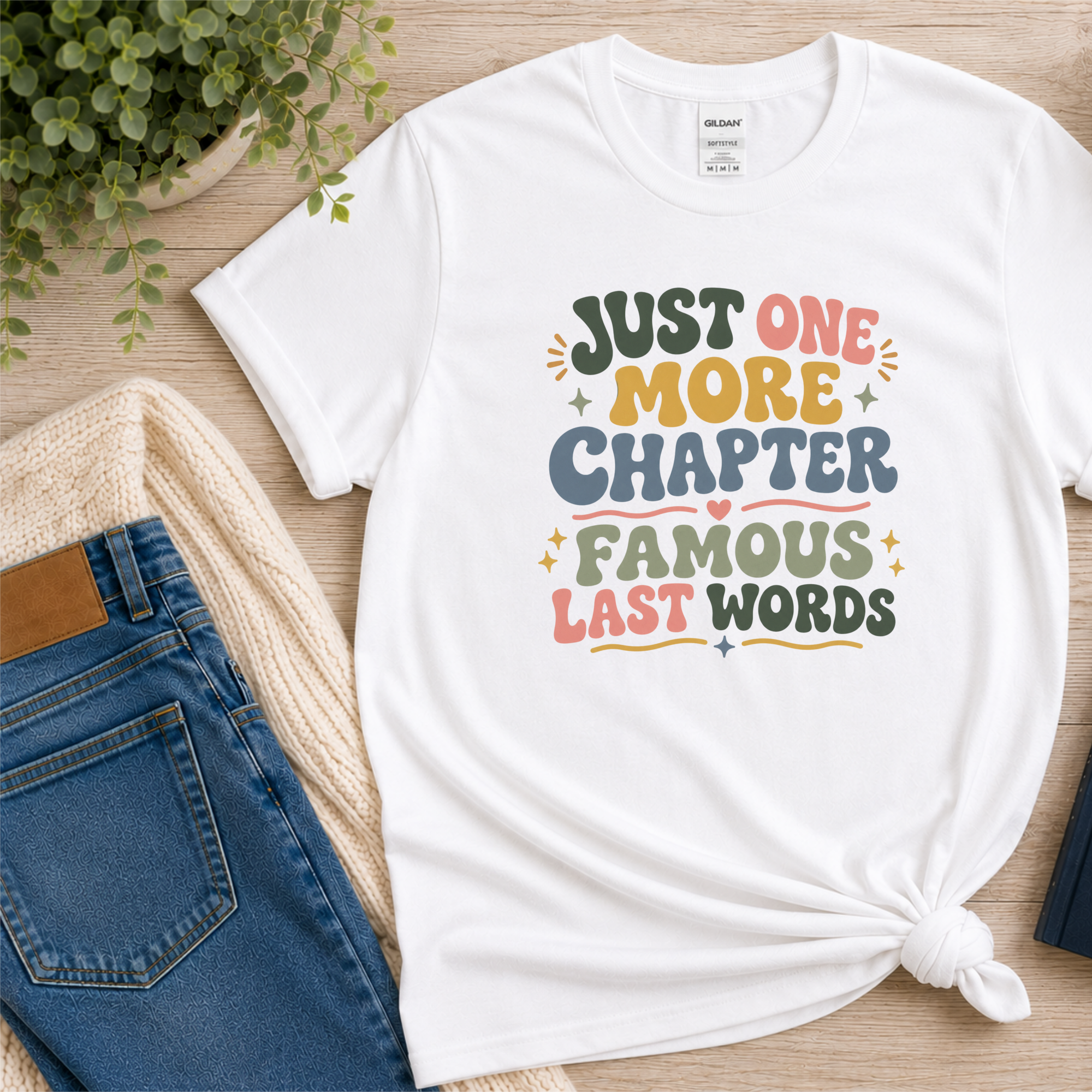 Just One More Chapter Famous Last Words Tshirt Retro Book Lover Tee Funny Bookish Reader Shirt Reading Gift Bookworm Boho Bibliophile