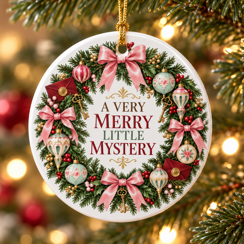 “A Very Merry Little Mystery” ceramic ornament featuring an evergreen wreath with pink bows, vintage ornaments, tiny keys and sealed letters, hanging on a warmly lit Christmas tree.