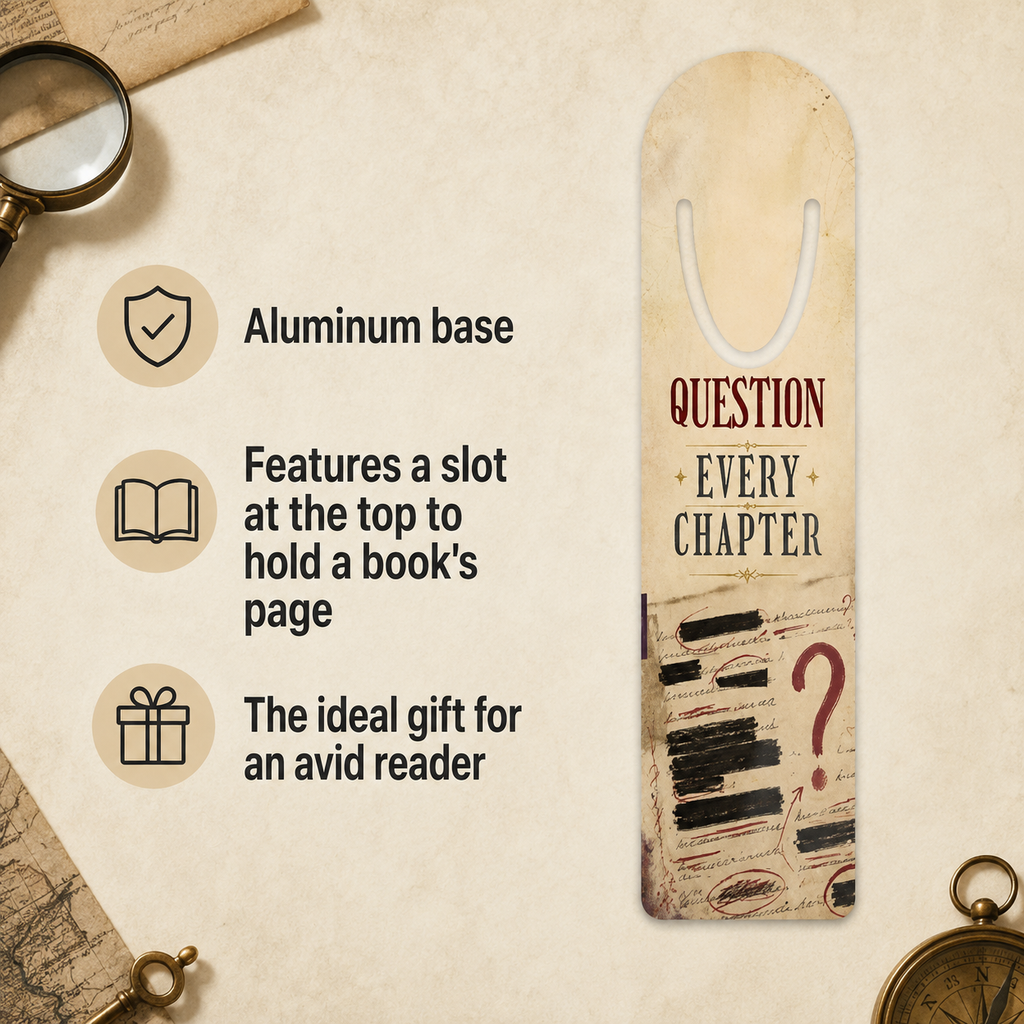 “Question Every Chapter” aluminum bookmark beside a feature guide noting its page-holding slot and suitability as a gift for an avid reader.