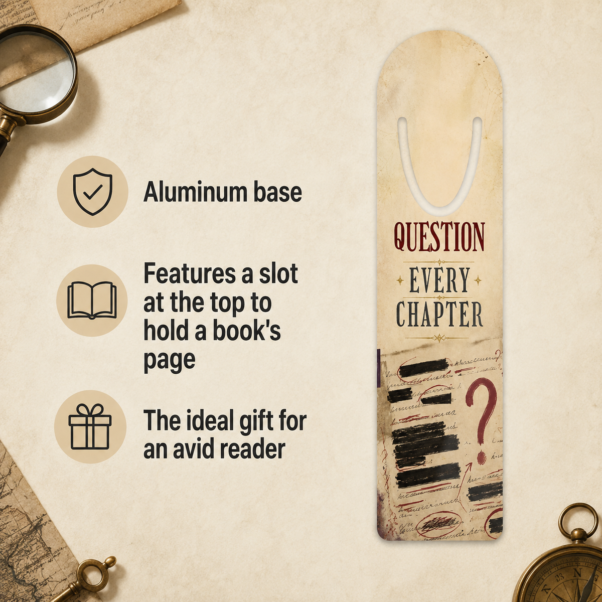 “Question Every Chapter” aluminum bookmark beside a feature guide noting its page-holding slot and suitability as a gift for an avid reader.